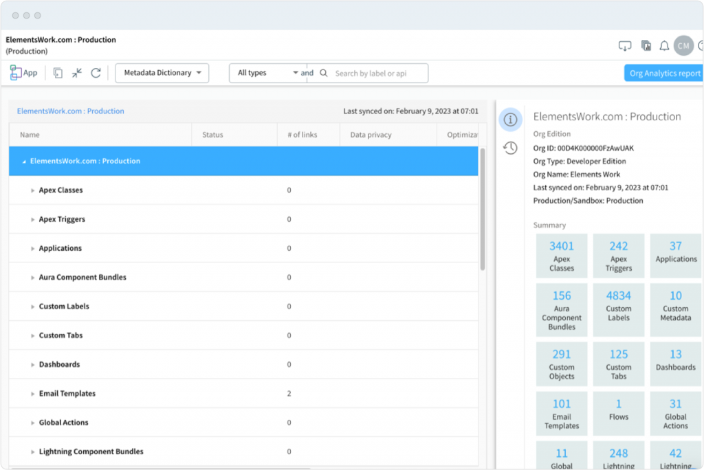 A screenshot of Elements.cloud's Salesforce Org Documentation Tool