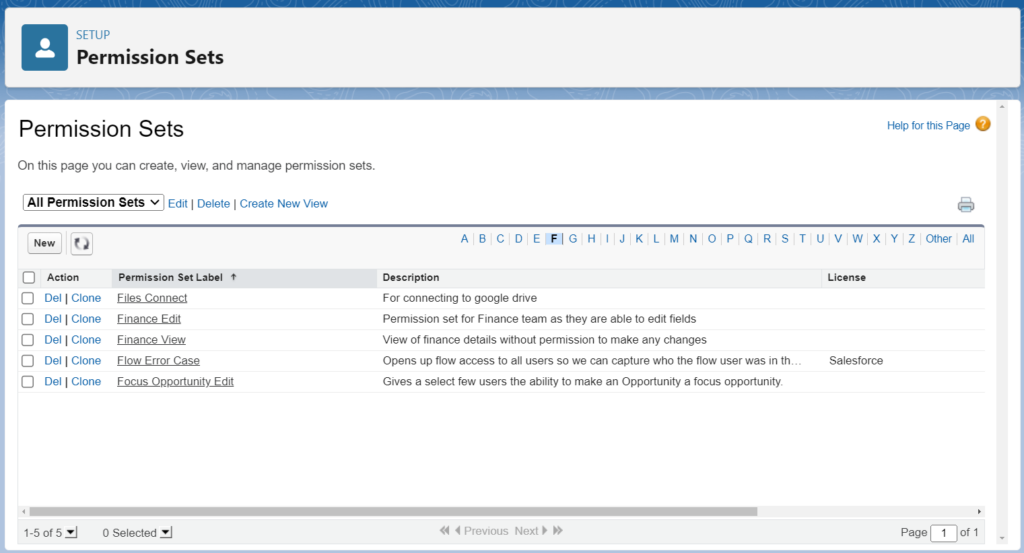 A screengrab of Salesforce permission sets