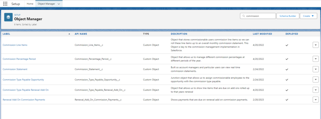 A screenshot of the Salesforce Object Manager with custom objects.