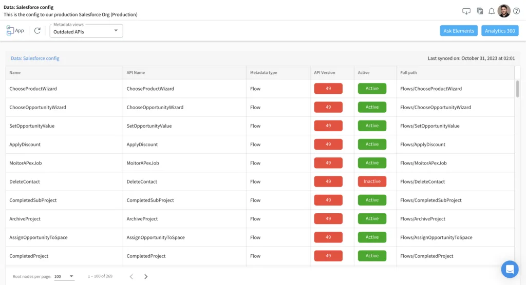 Using the Elements.cloud Metadata Explorer to return all the automations in an Org that have an outdated API version.